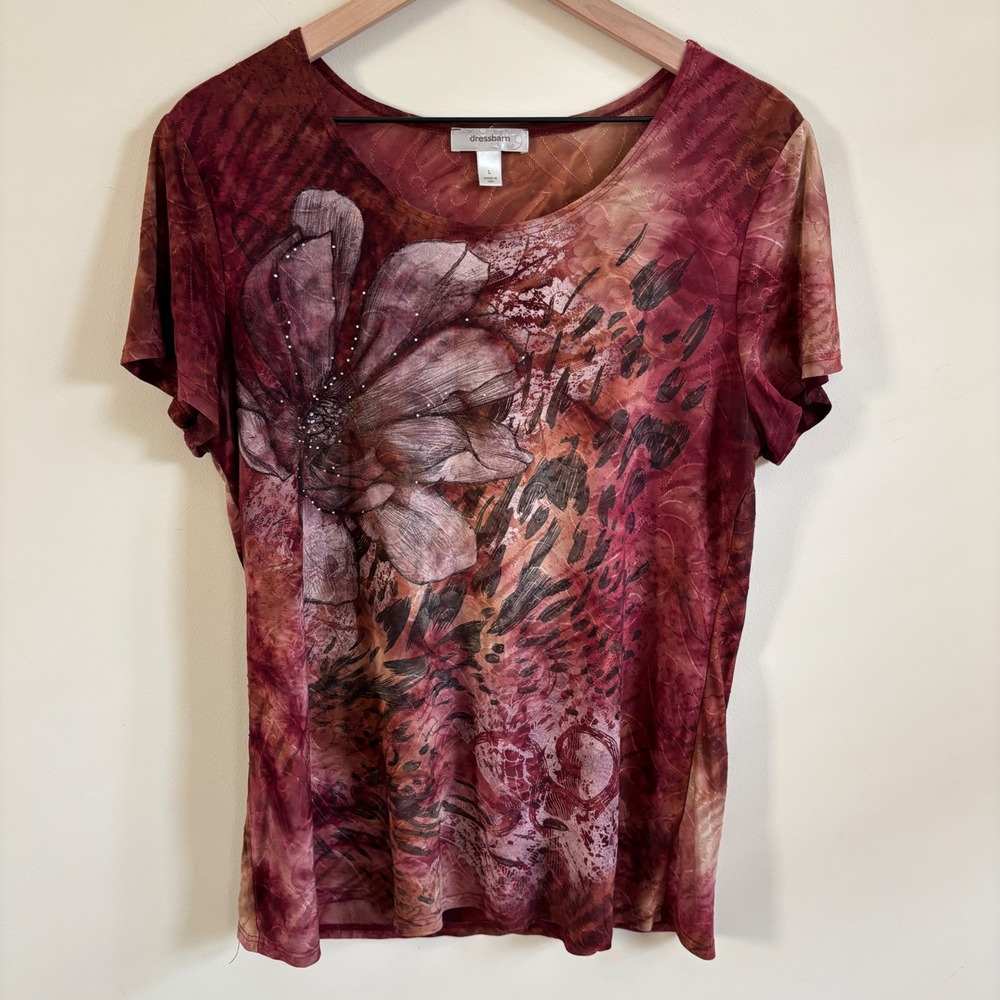 Dressbarn Womens Burgundy Floral Rhinestone Short Sleeve Textured Top Large